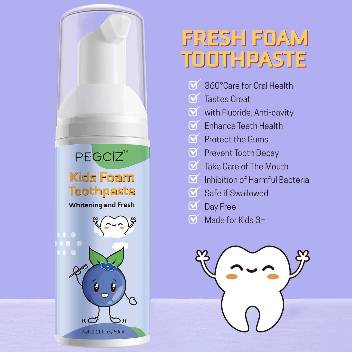 Foam Toothpaste for Kids – Blueberry, 2 Pack, Low Fluoride, U‑Shaped Brush