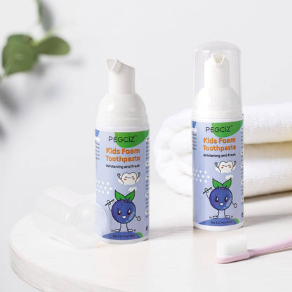 Foam Toothpaste for Kids – Blueberry, 2 Pack, Low Fluoride, U‑Shaped Brush