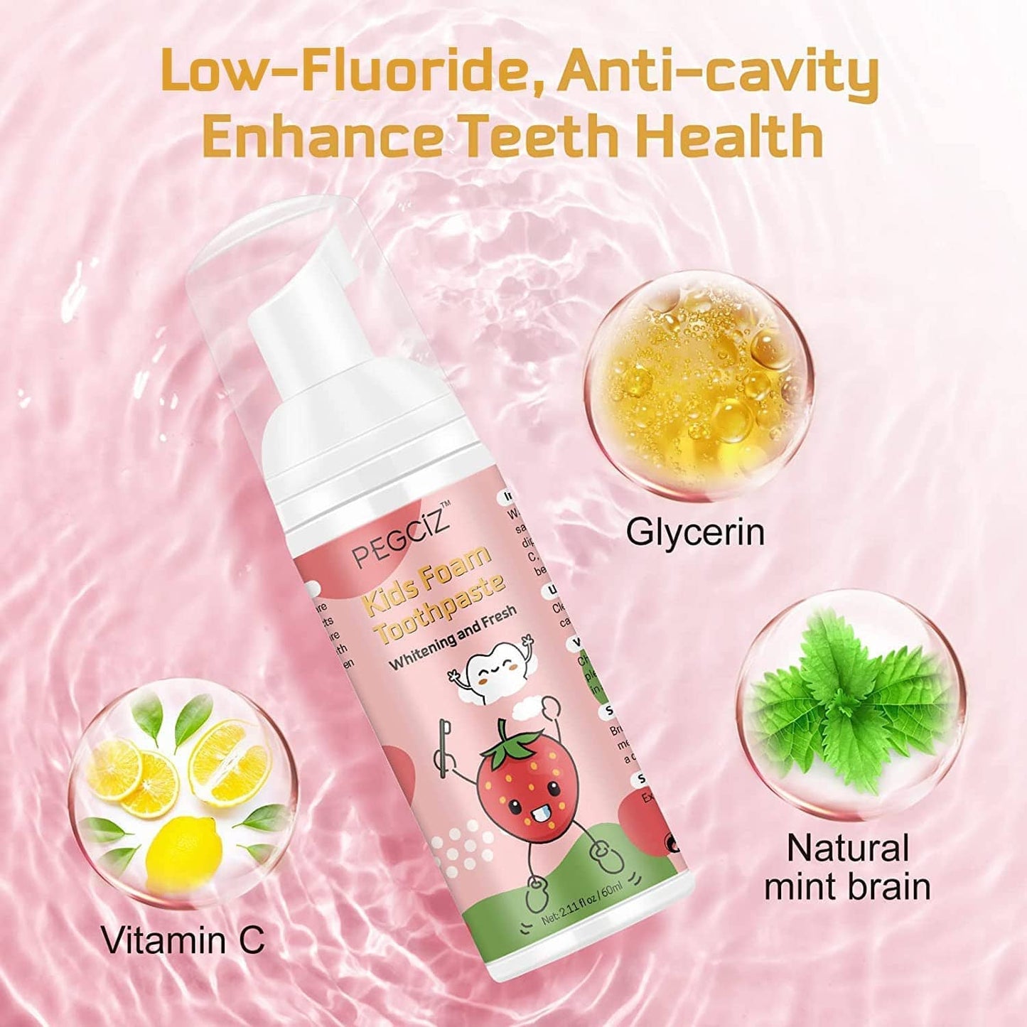 Foam Toothpaste for Kids – Low Fluoride, U‑Shaped Toothbrush, Fruit Flavor