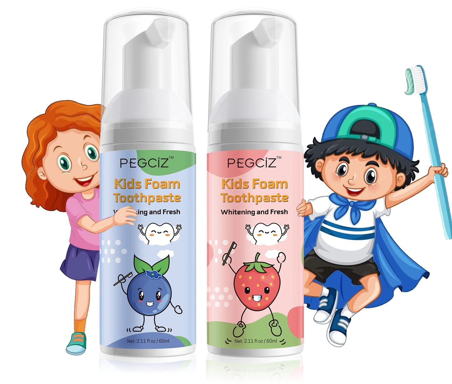 Foam Toothpaste Kids - Low Fluoride, Strawberry-Blueberry Flavor for U-Shaped Toothbrush