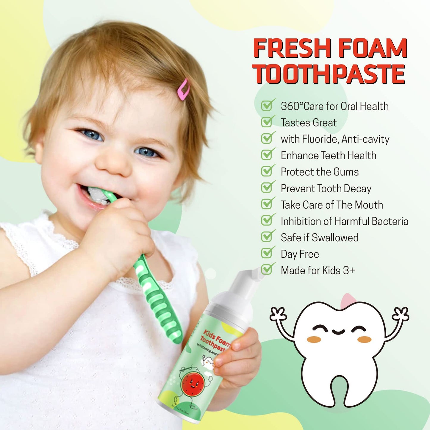 Foam Toothpaste for Kids — Fluoride-Free, Watermelon & Strawberry (Ages 3+) for U-Shaped & Electric Toothbrushes