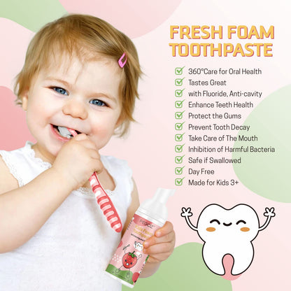 Foam Toothpaste Kids – Fruit Flavor Mouthwash for Toddlers | 360°Care Anti-Cavity with Fluoride