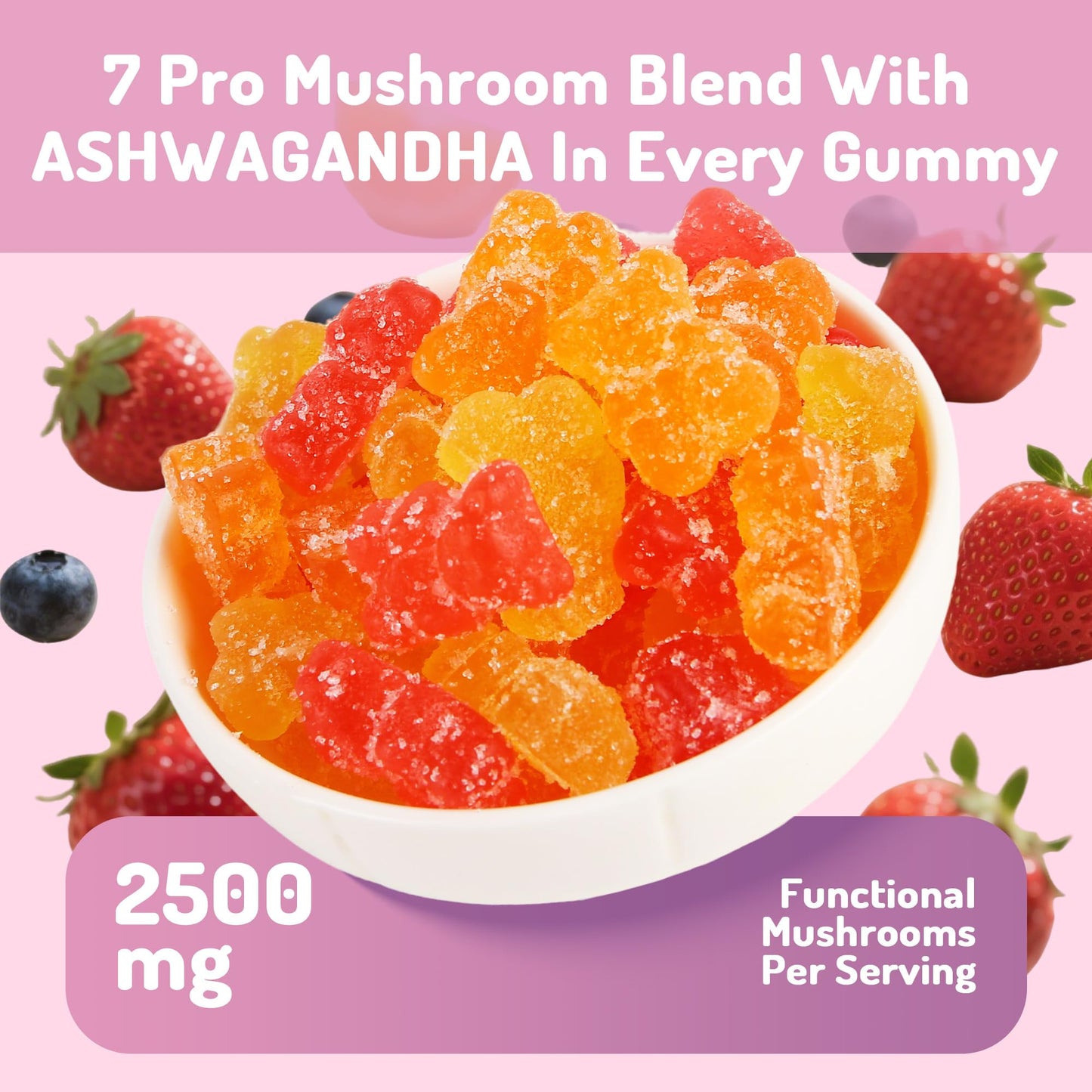 KAACHLI Ashwagandha & 8 Mushroom Blend Gummies 500mg | Focus, Energy & Cognitive Boost – 80 Count
