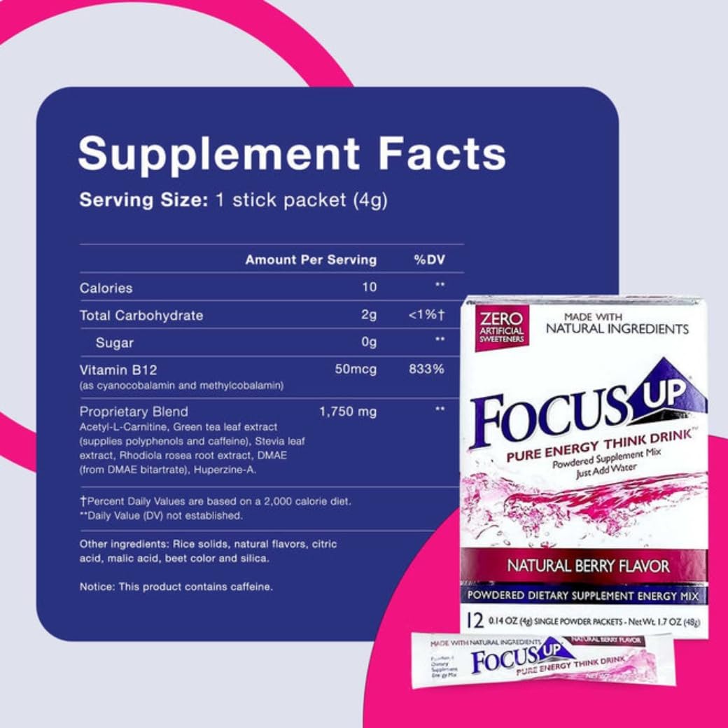 FocusUP Think Drink – Natural Energy & Focus Supplement Powder with Acetyl L-Carnitine, Rhodiola, DMAE & Huperzine-A | Brain Support, Mental Clarity & Smooth Energy | 12 Sugar-Free Stick Packs