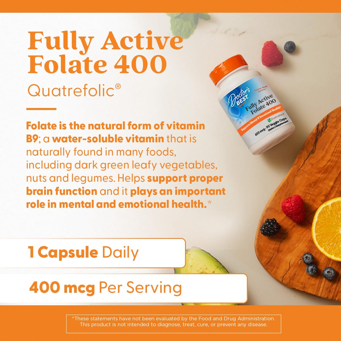 Doctor's Best Fully Active Folate with Quatrefolic 400 mcg – Healthy Mood, Memory & Circulation | 90 VC