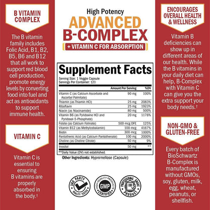 Vitamin B Complex with Vitamin C for Maximum Absorption - Methylcobalamin B12 & Folate - 120 Count