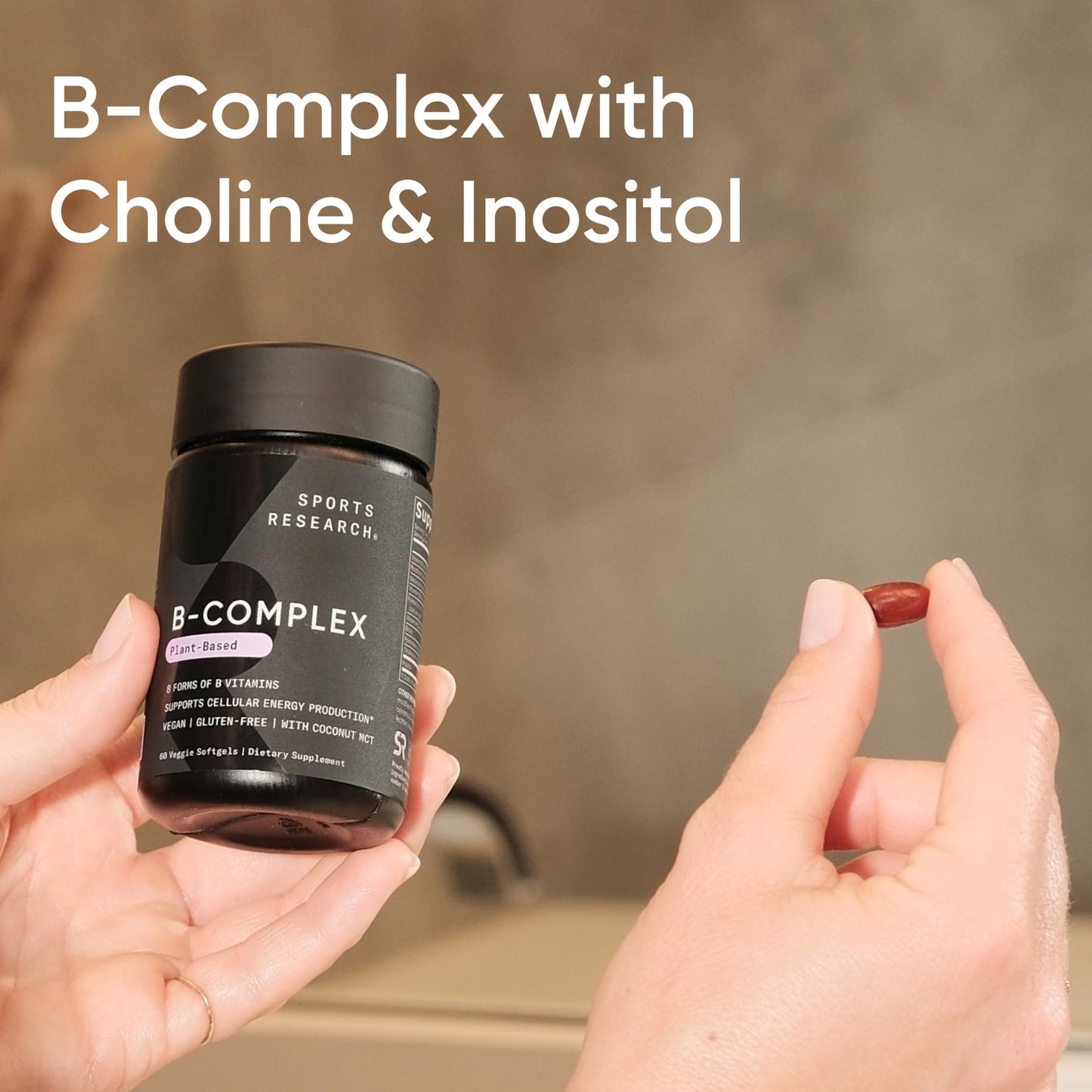 Sports Research Vitamin B-Complex – Full Spectrum B Vitamins with Methylated B12 & Folate | Gluten Free, Plant-Based, Non-GMO, Vegan-Friendly - 60 Veggie Softgels