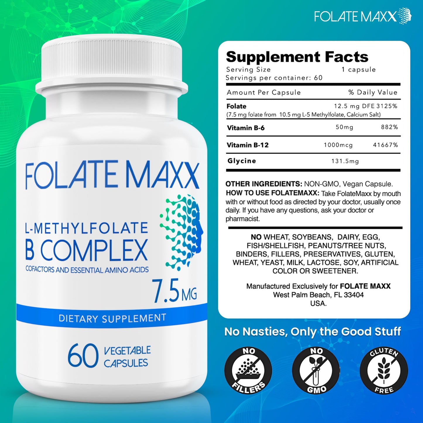 FolateMaxx L-Methylfolate 7.5mg with B Complex – 60 Capsules | Non-GMO, Gluten Free | 2-Month Supply