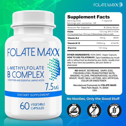 FolateMaxx L-Methylfolate 7.5mg with B Complex – 60 Capsules | Non-GMO, Gluten Free | 2-Month Supply
