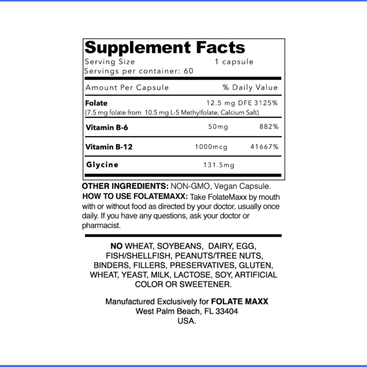 FolateMaxx L-Methylfolate 7.5mg with B Complex – 60 Capsules | Non-GMO, Gluten Free | 2-Month Supply