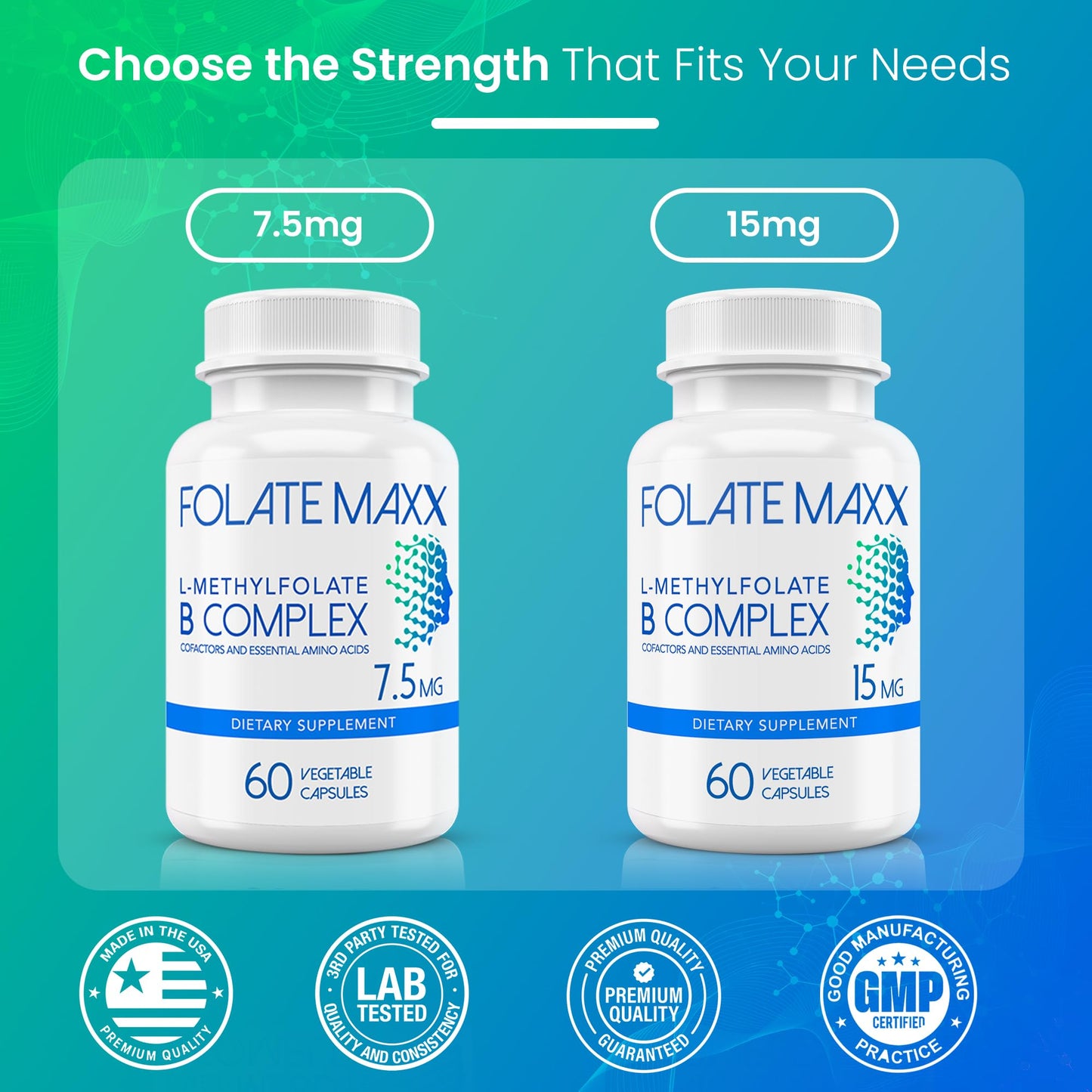 FolateMaxx L-Methylfolate 7.5mg with B Complex – 60 Capsules | Non-GMO, Gluten Free | 2-Month Supply