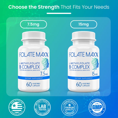 FolateMaxx L-Methylfolate 7.5mg with B Complex – 60 Capsules | Non-GMO, Gluten Free | 2-Month Supply
