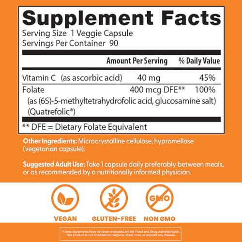 Doctor's Best Fully Active Folate with Quatrefolic 400 mcg – Healthy Mood, Memory & Circulation | 90 VC