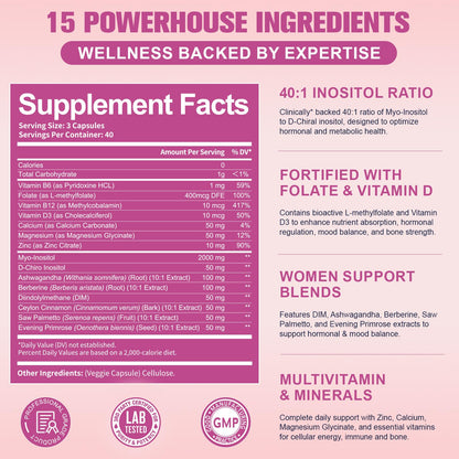 Myo-Inositol & D-Chiro Inositol Supplement for Women – 40:1 Ratio, 120 Ct