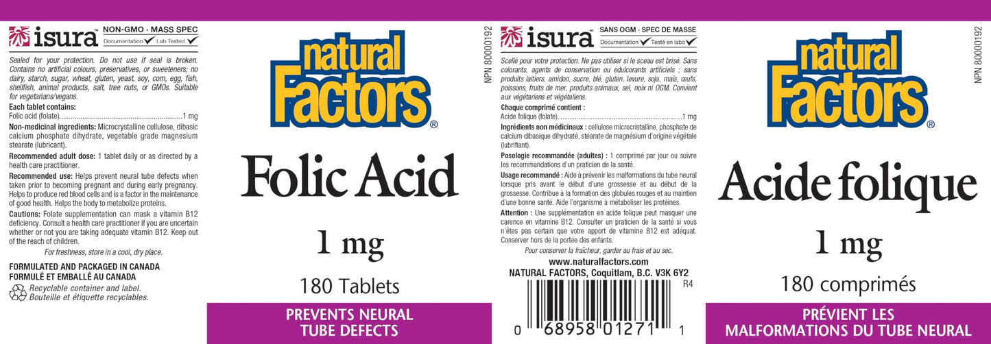 Folic Acid 1mg (180 Tablets) – Natural Factors | Vitamin B9 Supplement