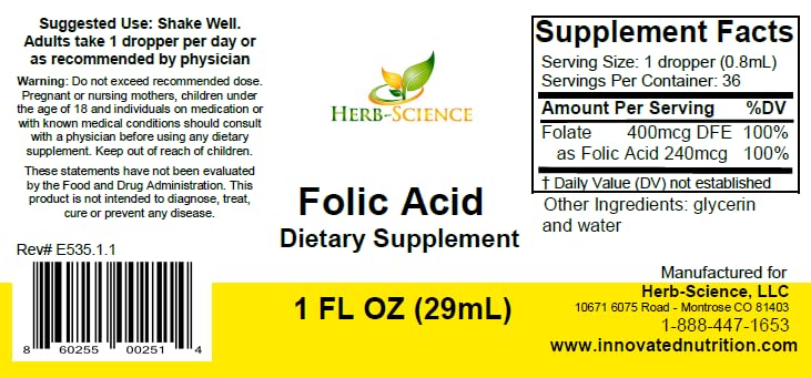 Herb-Science Liquid Vitamin B9 Folic Acid Drops | Brain & Digestive Health