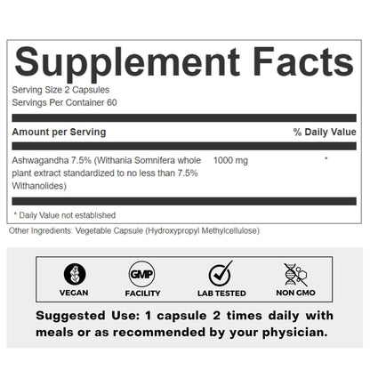 FOLIUS LABS Ashwagandha 7.5% - 500mg, 120 Capsules | Stress & Mood Support