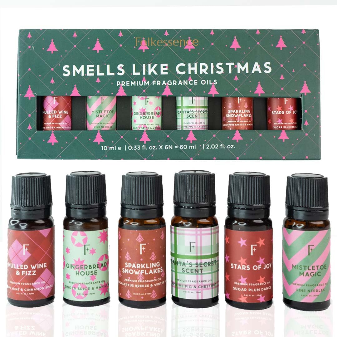 Folkulture Christmas Essential Oils for Diffuser – 6 x 2 oz Set (Vanilla, Cinnamon, Pine & Eucalyptus)