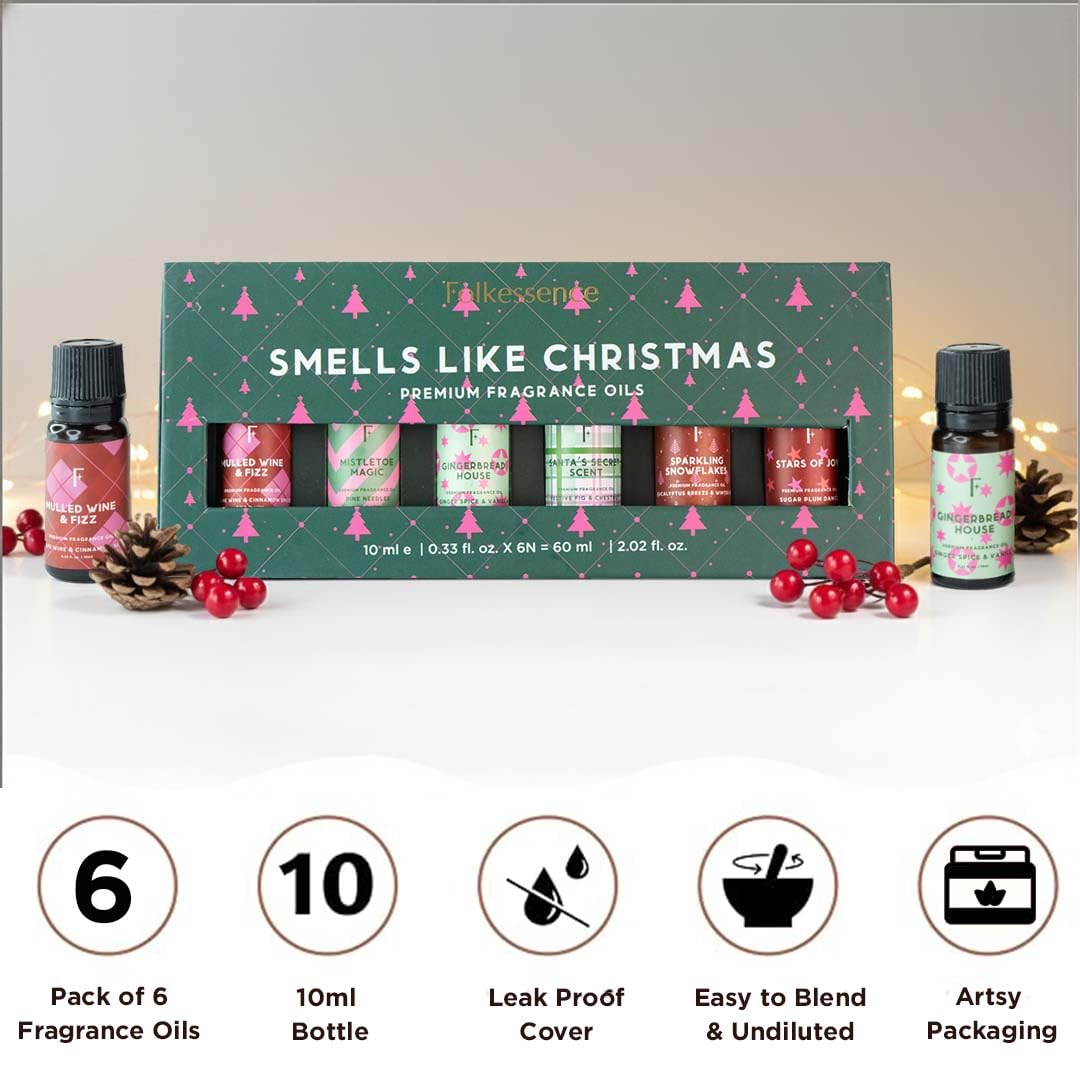 Folkulture Christmas Essential Oils for Diffuser – 6 x 2 oz Set (Vanilla, Cinnamon, Pine & Eucalyptus)