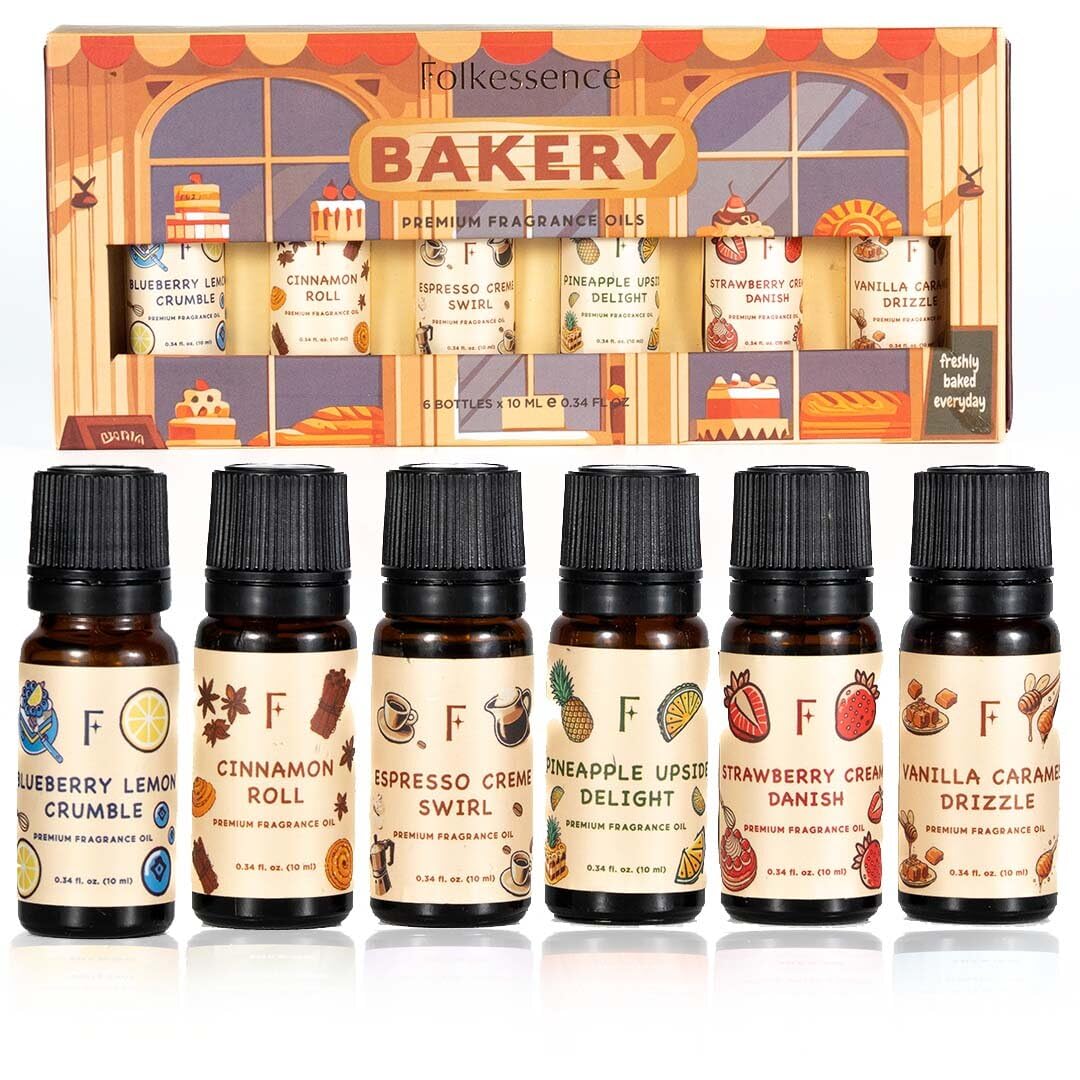Folkulture Christmas Essential Oils for Home | Set of 6 (0.34 fl oz x 6) Bakery Essential-Oil for Diffuser, Relaxation | Strawberry, Vanilla Essential Oil for Aromatherapy | Christmas Gifts for Women