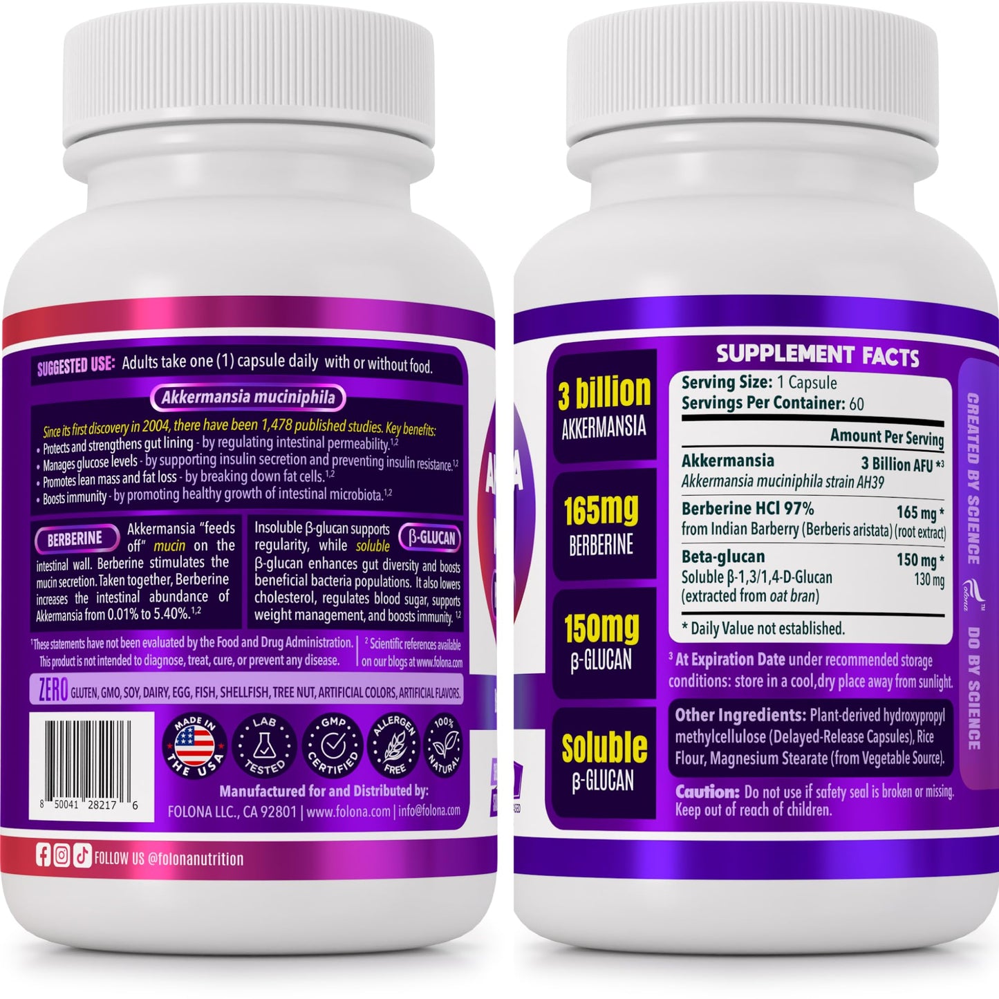FOLONA Akkermansia GLP-1 Probiotic with Berberine & Beta-Glucan – Delayed-Release, 60 Capsules