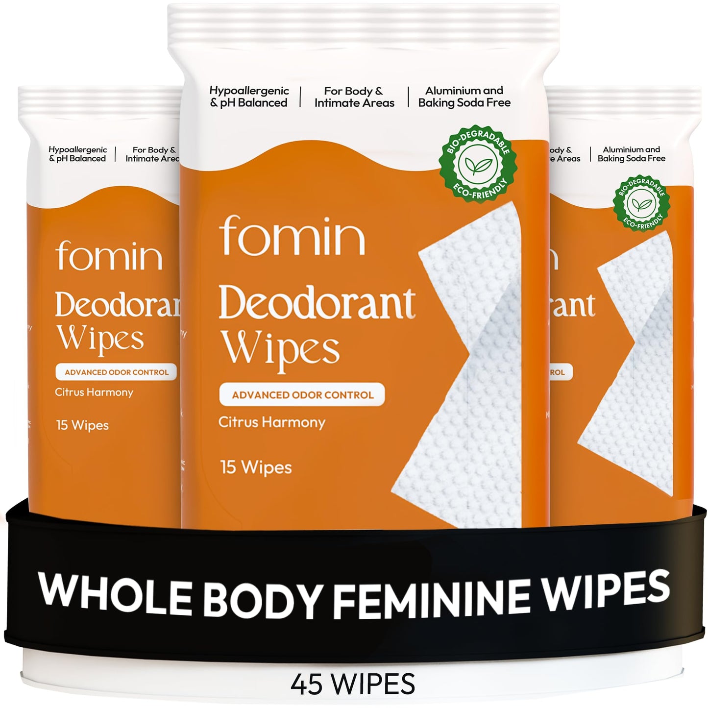 FOMIN Acidified Deodorant Wipes For Women – Citrus Harmony | Hypoallergenic, pH-Balanced, Plastic-Free Body Wipes