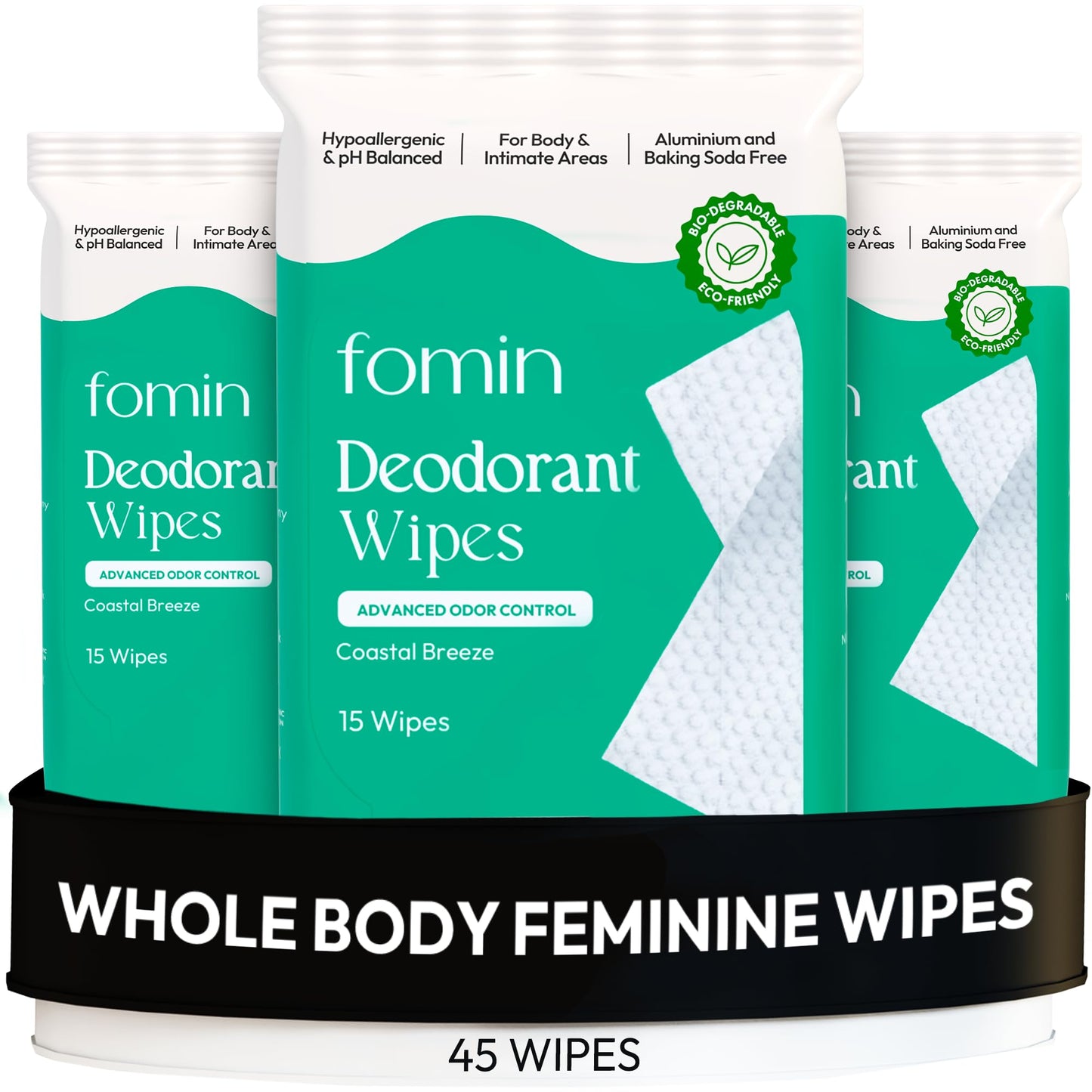 FOMIN Acidified Deodorant Wipes for Women – Coastal Breeze, 45 Count | Aluminum-Free, pH-Balanced, Plastic-Free