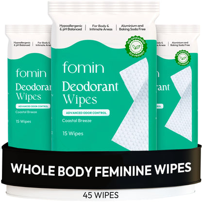 FOMIN Acidified Deodorant Wipes for Women – Coastal Breeze, 45 Count | Aluminum-Free, pH-Balanced, Plastic-Free