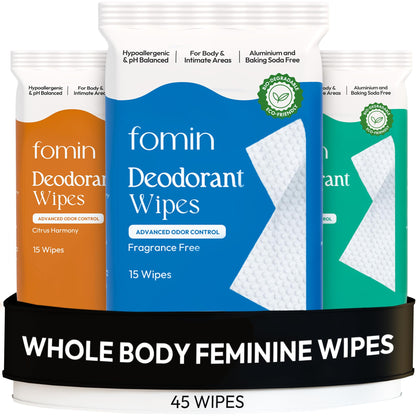 FOMIN Acidified Deodorant Wipes for Women – 45 Count Variety Pack | Hypoallergenic, pH-Balanced, Plastic-Free, Exfoliating Odor Control