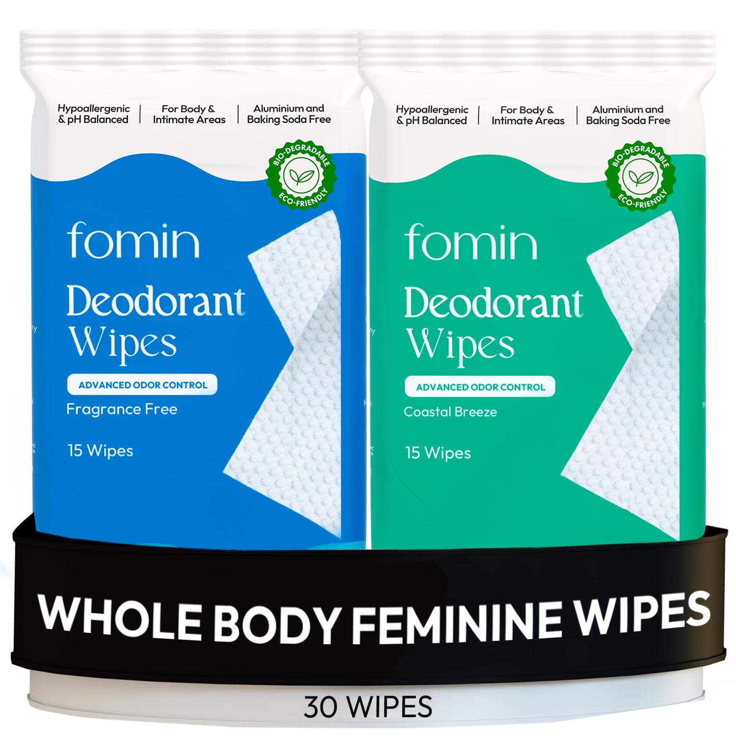 FOMIN Acidified Deodorant Wipes for Women – 30 Count, Hypoallergenic & Plastic-Free