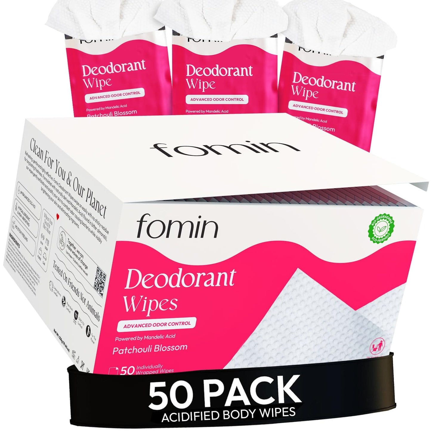 FOMIN Acidified Travel Deodorant Wipes – Patchouli Blossom, 50 Count, Plastic-Free & Biodegradable