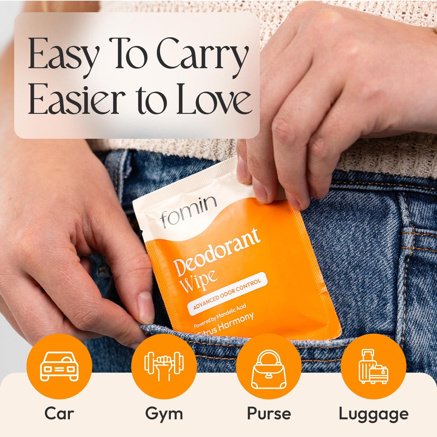 FOMIN Acidified Travel Deodorant Wipes – Citrus Harmony, 50 Count, pH Balanced, Plastic-Free, Individually Wrapped
