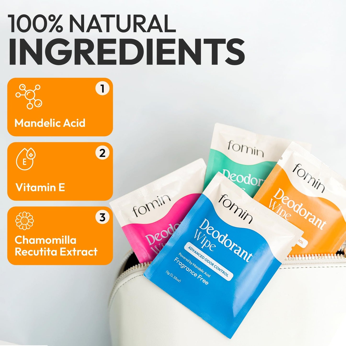 FOMIN Acidified Travel Deodorant Wipes – Citrus Harmony, 50 Count, pH Balanced, Plastic-Free, Individually Wrapped