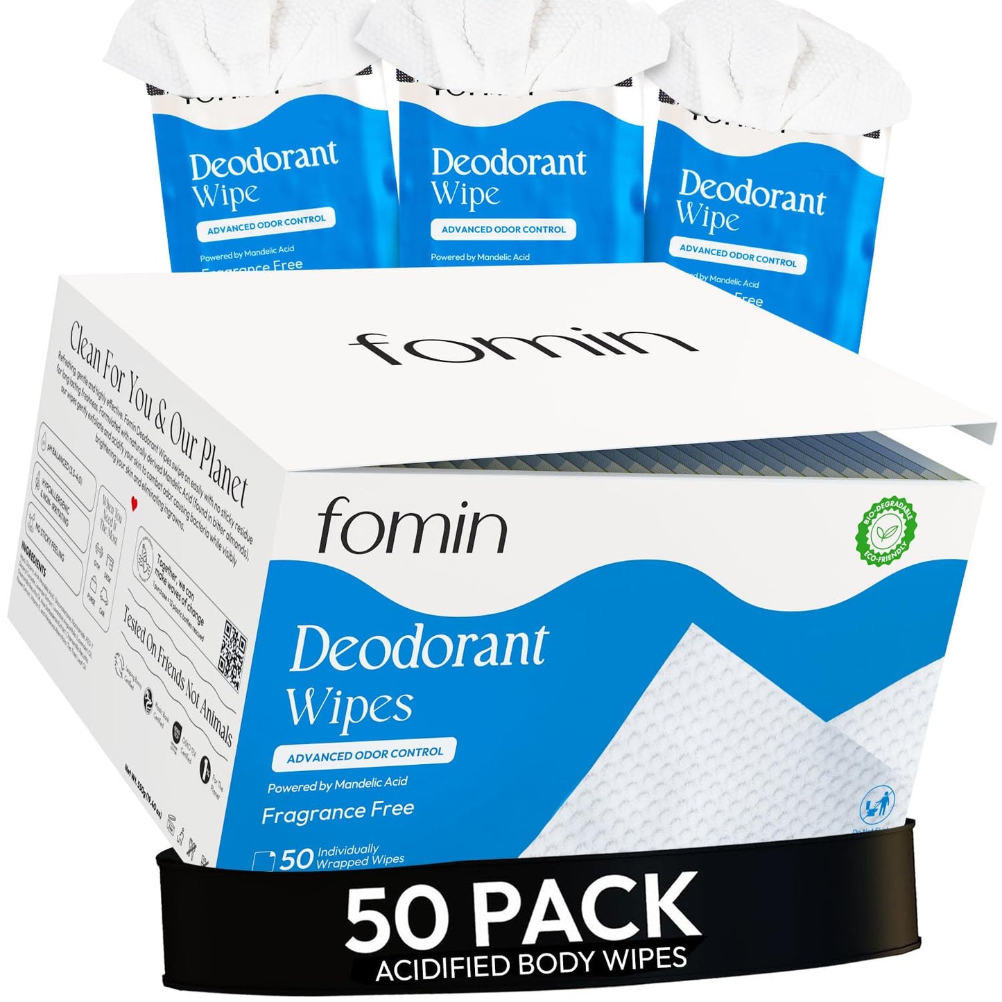 FOMIN Acidified Travel Deodorant Wipes for Women & Men - Fragrance-Free, pH-Balanced, Plastic-Free, 50 Count