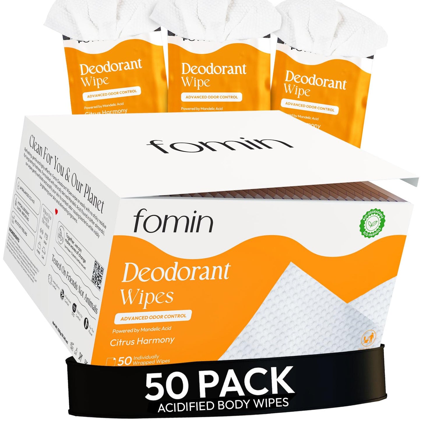 FOMIN Acidified Travel Deodorant Wipes – Citrus Harmony, 50 Count, pH Balanced, Plastic-Free, Individually Wrapped