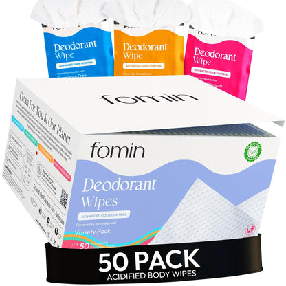 FOMIN Acidified Travel Deodorant Wipes – 50 Count Variety Pack | pH Balanced, Plastic-Free & Biodegradable