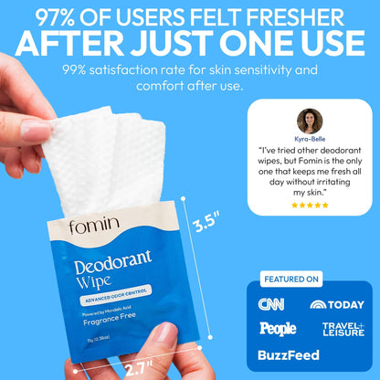 FOMIN Acidified Travel Deodorant Wipes for Women & Men - Fragrance-Free, pH-Balanced, Plastic-Free, 50 Count