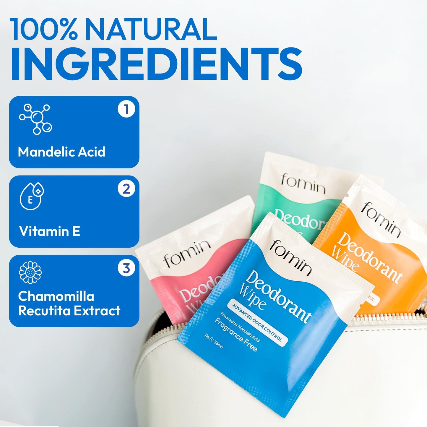 FOMIN Acidified Travel Deodorant Wipes for Women & Men - Fragrance-Free, pH-Balanced, Plastic-Free, 50 Count