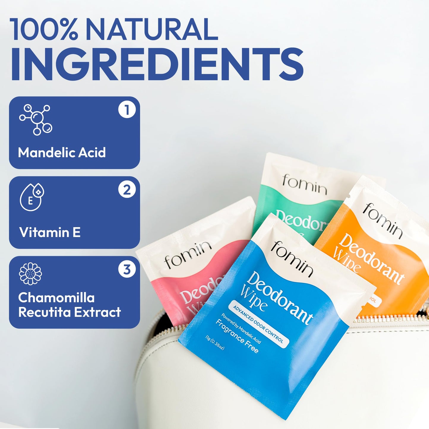 FOMIN Acidified Travel Deodorant Wipes – 50 Count Variety Pack | pH Balanced, Plastic-Free & Biodegradable
