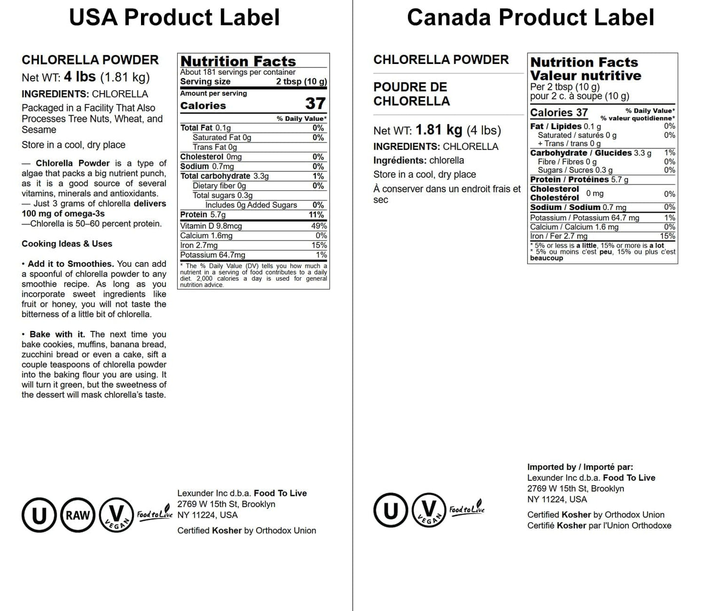 Food to Live Chlorella Powder 4 lbs – Kosher, Raw Vegan Superfood