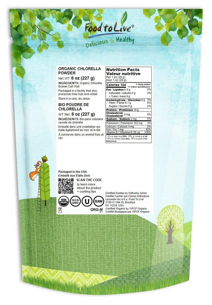 Food to Live Organic Chlorella Powder 8 oz - Non-GMO Kosher Vegan Superfood