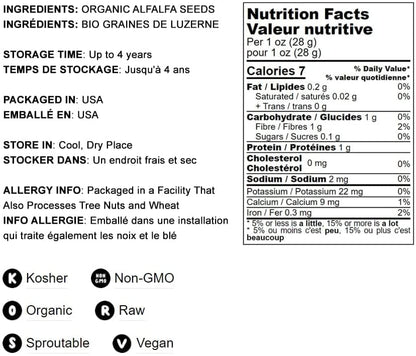 Food to Live Organic Alfalfa Sprouting Seeds - 8 oz, Non-GMO, Kosher, Raw
