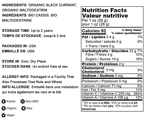 Food to Live Organic Black Currant Juice Powder, 8 oz — Non-GMO, Raw, Kosher, Vegan Superfood (Contains Maltodextrin)