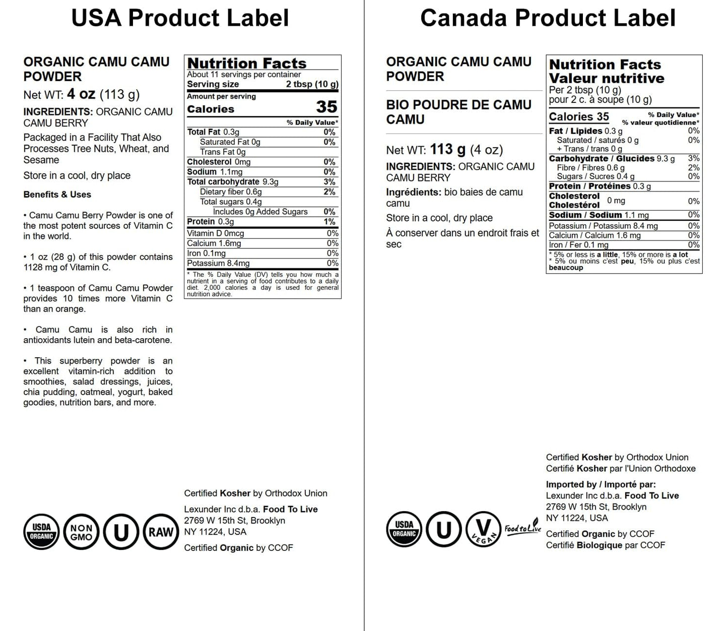 Food to Live Organic Camu Camu Powder 4 oz – Non-GMO, Raw, Kosher, Vegan