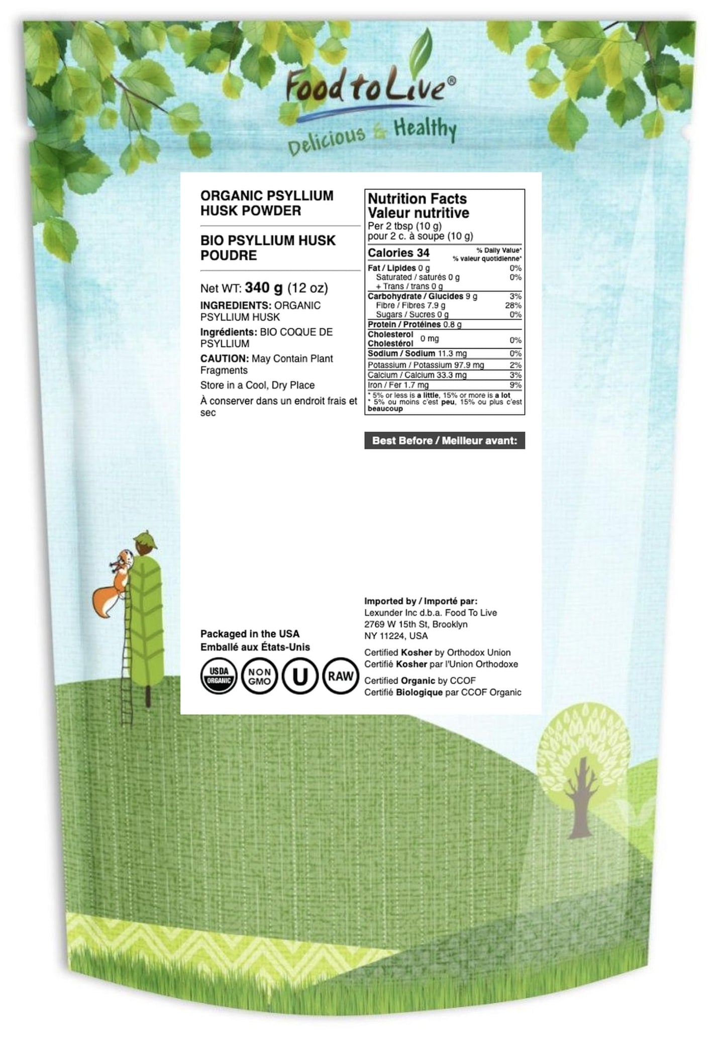 Food to Live Organic Psyllium Husk Powder - 12 oz | Non-GMO, Kosher, Ultra Fine