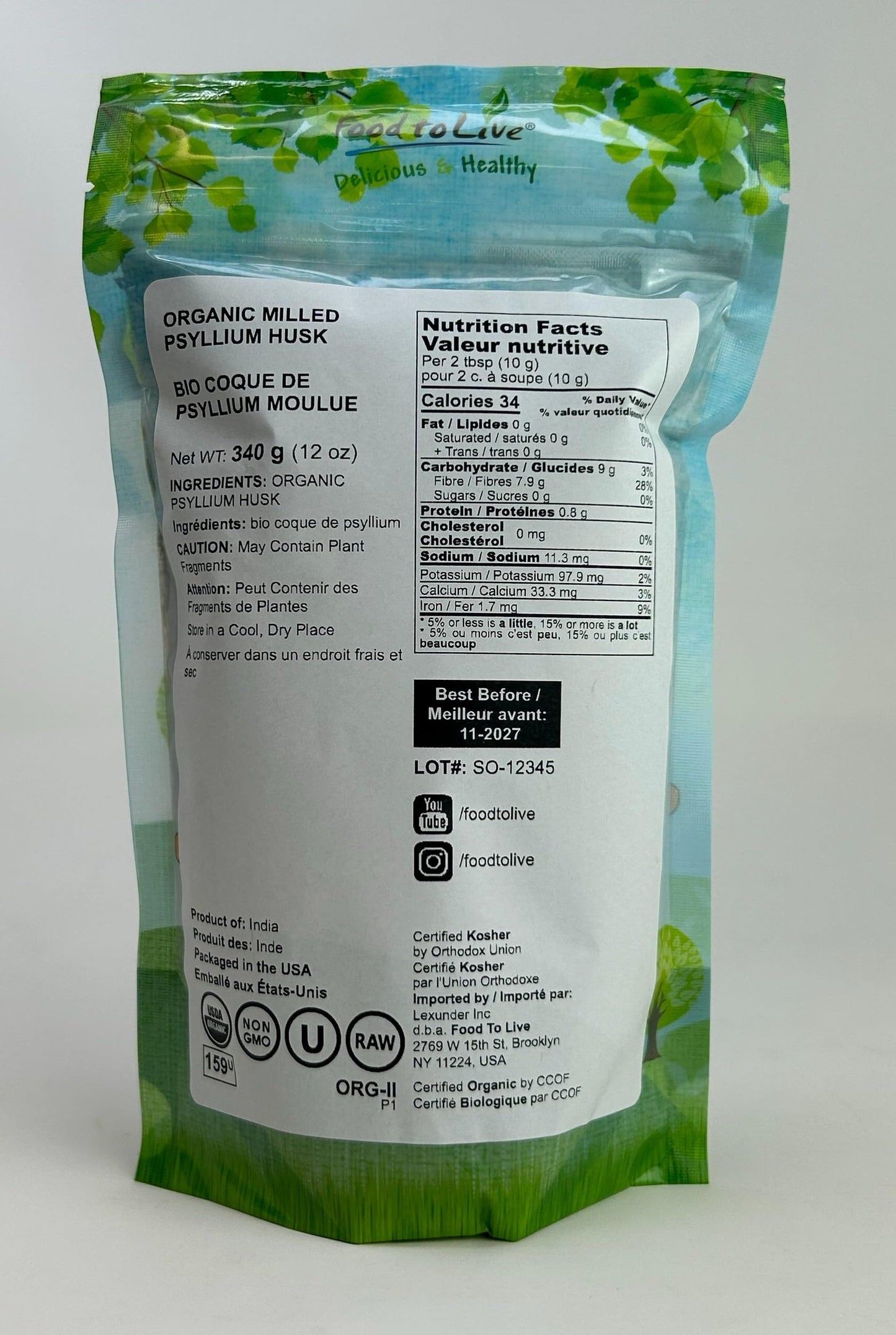Food to Live Organic Psyllium Husk Powder - 12 oz | Non-GMO, Kosher, Ultra Fine