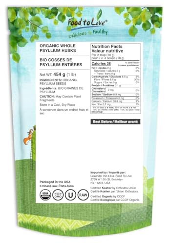 Organic Whole Psyllium Husks - 1 lb | Non-GMO, Vegan, Kosher | Food to Live