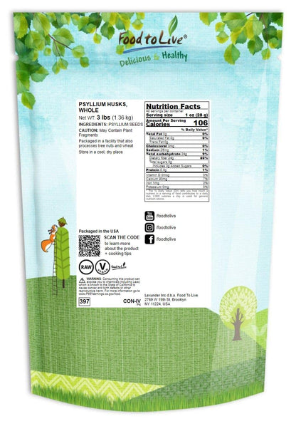 Food to Live Whole Psyllium Husks – 3 lb, Pure Psyllium Husk Flakes, Unflavored, Keto & Vegan