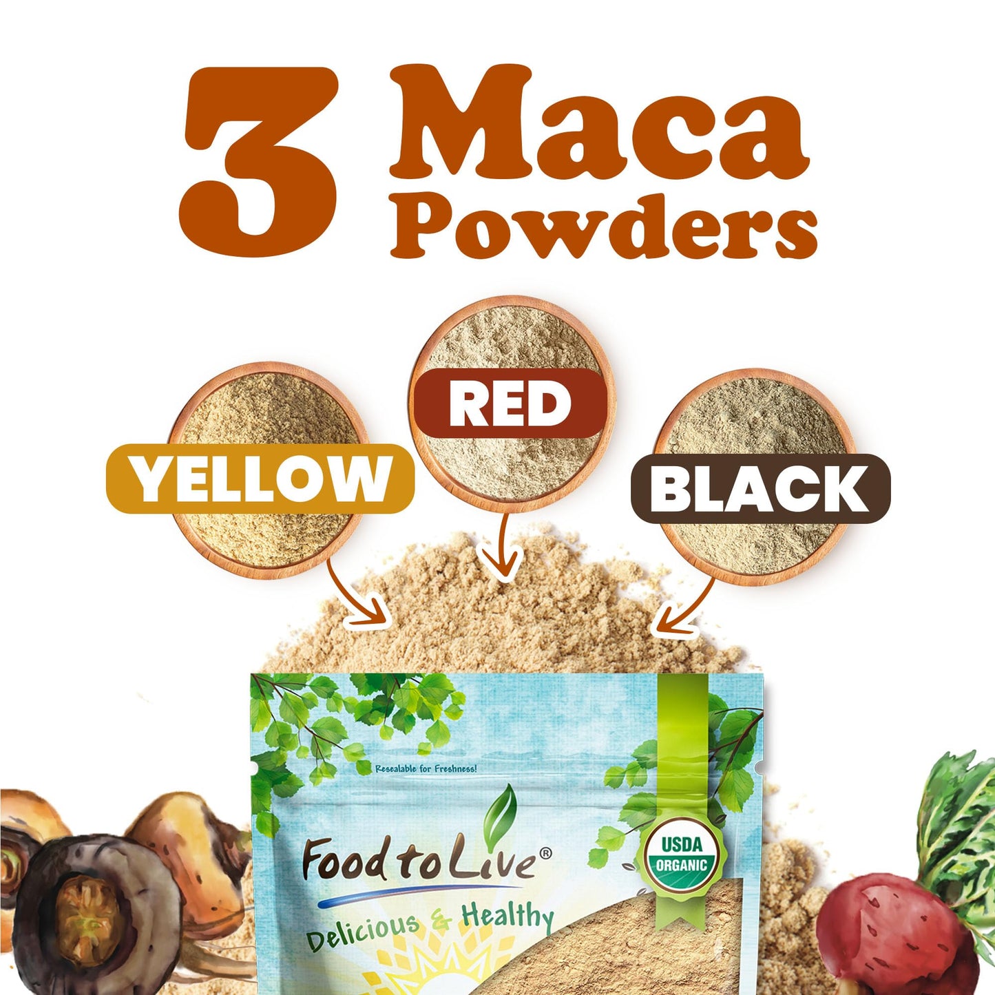 Food to Live Organic Tri-Color Maca Powder Blend – 1 lb, Non-GMO, Kosher, Vegan
