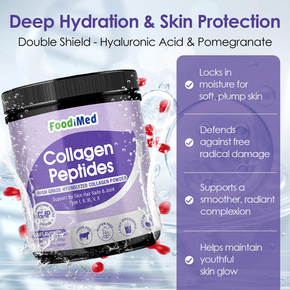 FoodiMed Multi Collagen Peptides Powder - Hydrolyzed Collagen with Vitamin C, Hyaluronic Acid & Biotin – Skin, Hair, Nails, Joint & Anti-Aging Support, 35 Servings